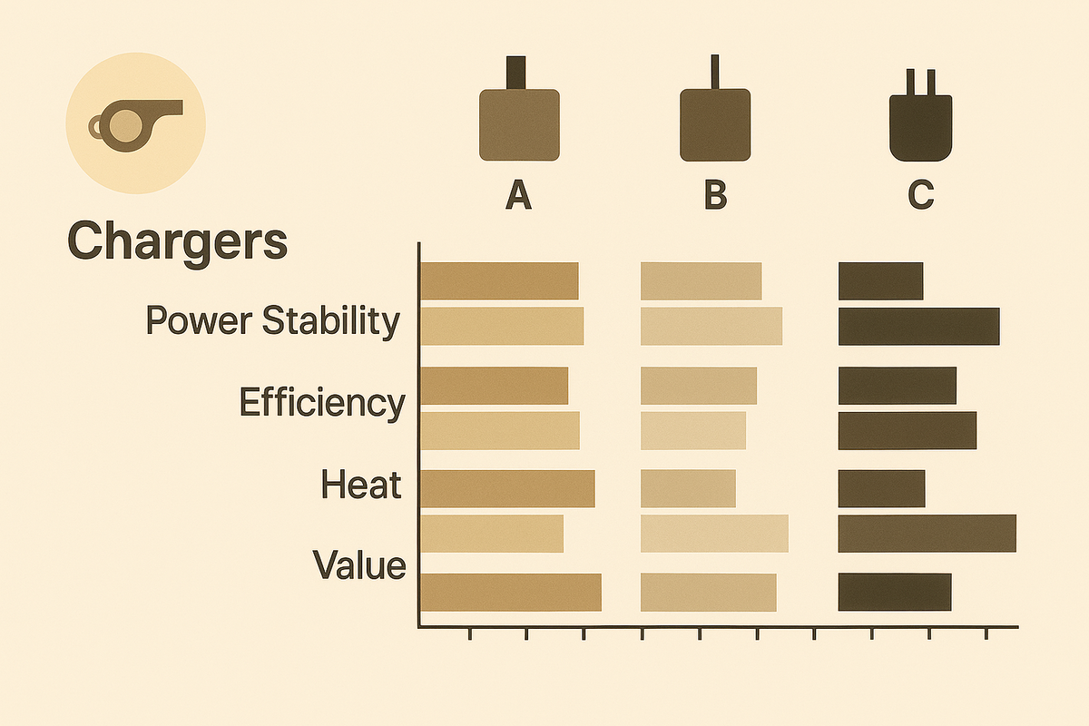 Fair head-to-head bar chart—Chargers A/B/C scored on power stability, efficiency, heat, and value—neutral palette, whistle icon for fairness, transparent and decisive comparison
