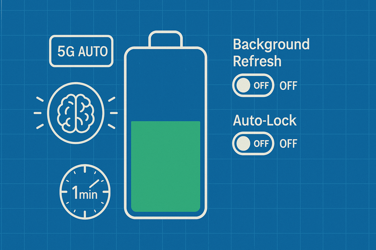 Battery-saving blueprint—5G AUTO badge, adaptive power brain icon, background refresh off, auto-lock timer tuned—practical tweaks for dramatic life gain, soothing efficiency vibe