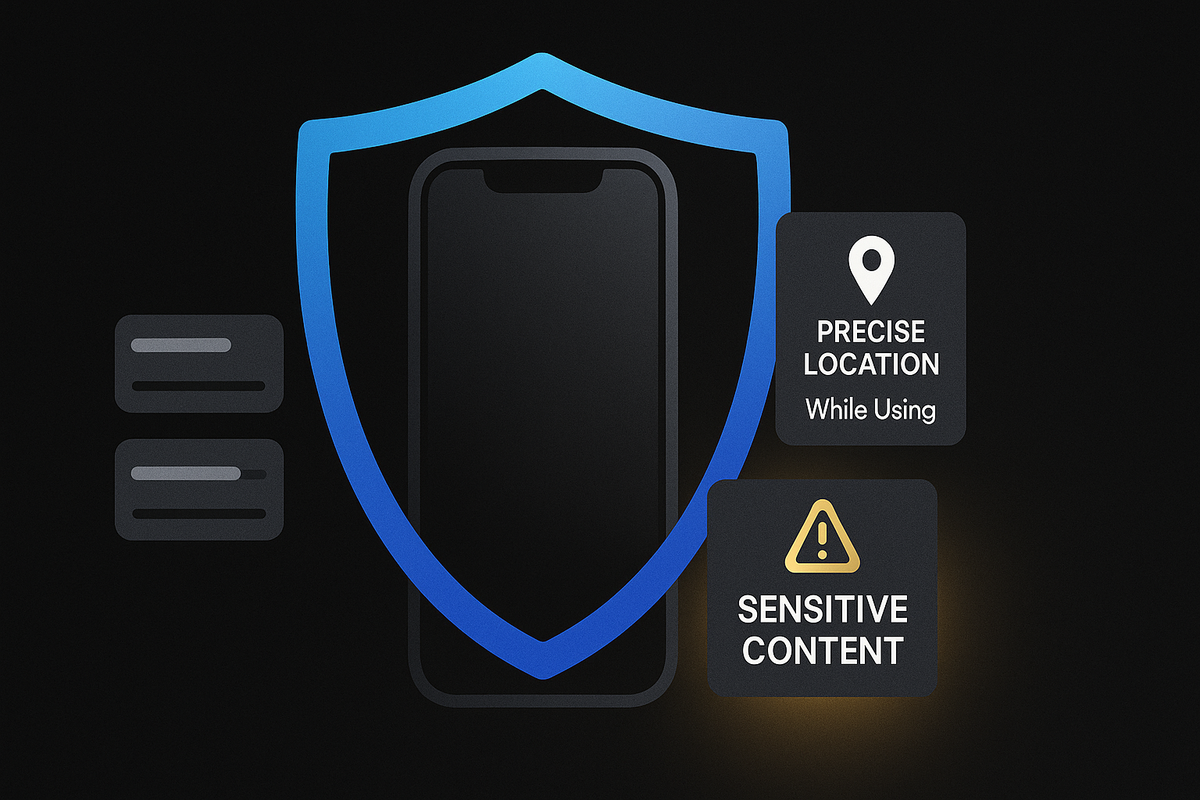Privacy fortress—phone inside a glowing shield with “Precise Location • While Using” and “Sensitive Content” warnings—protective clarity, safety-first confidence