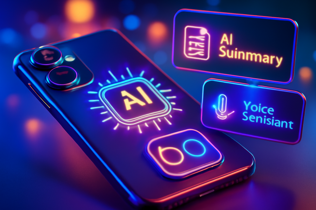 Neon next-gen features—AI chip glyph blazing, cards for AI summary and upgraded voice assistant floating above a sleek handset—futuristic glow, excited curiosity, smart power