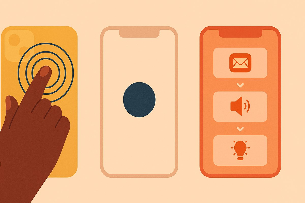 Accessibility trio—back-tap ripple on rear, floating assistive orb, shortcut automation stack for mail/sound/light—inclusive design, effortless control, warm independence energy
