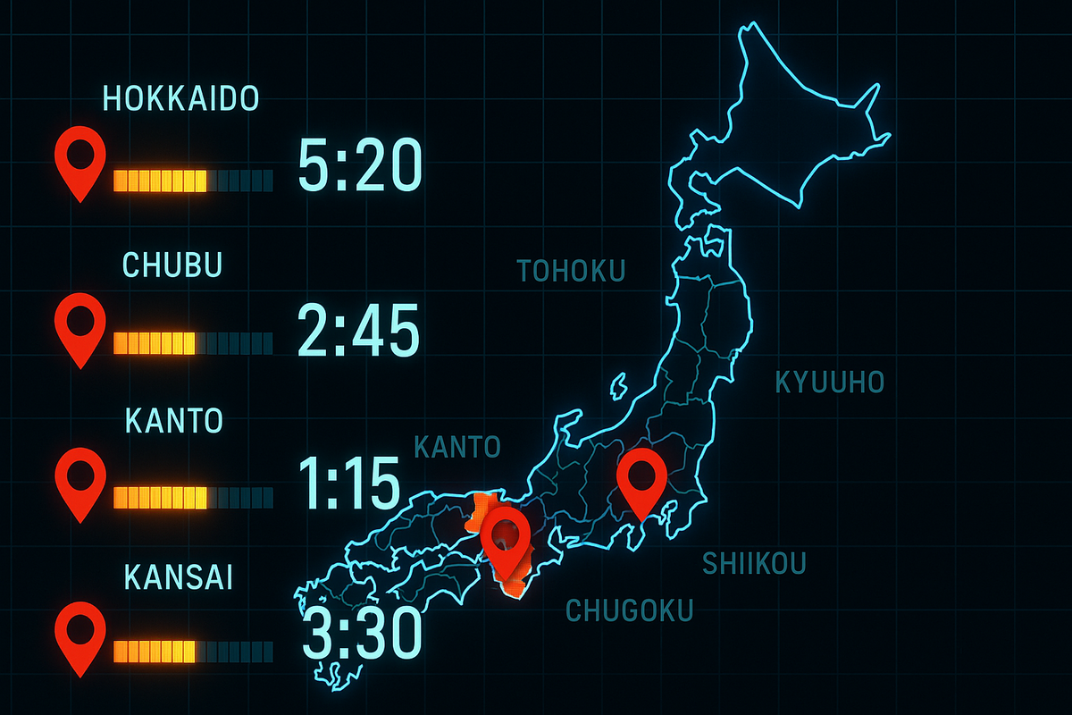 Japan map with glowing region pins and sell-out timers—Kanto/Kansai/Chubu/Hokkaido side bars—store-by-store inventory duration, data-rich clarity, tense countdown vibes