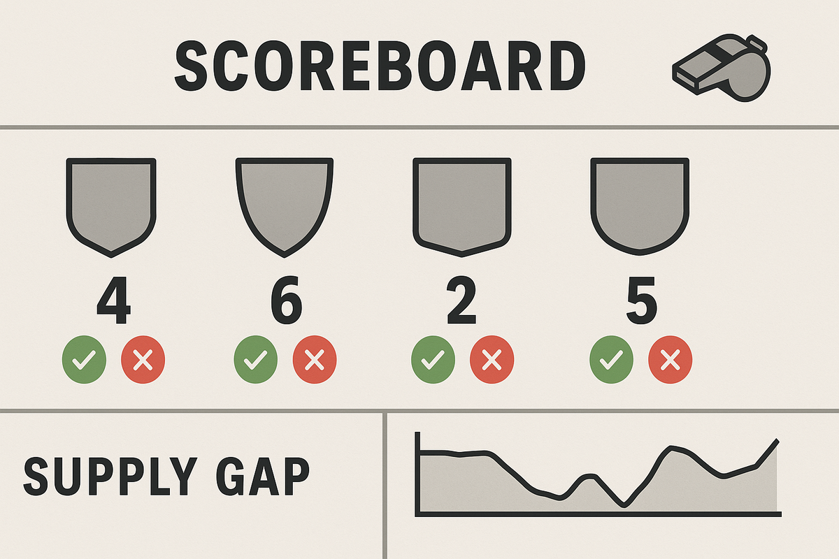 Neutral retailer scoreboard—chains scored with green/red stock toggles, supply-gap mini chart—fair, no-nonsense comparison of who had Switch2 and who didn’t, investigative pressure