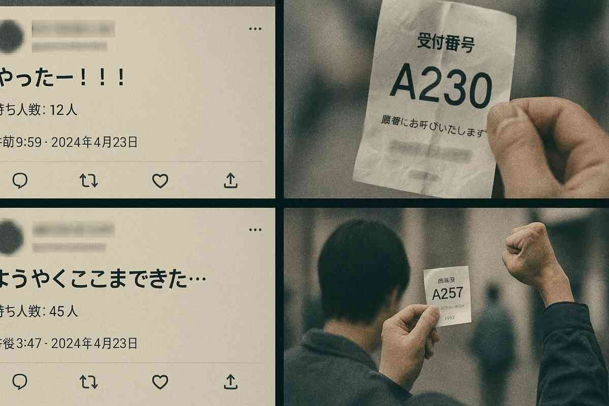 Anonymized social posts and queue tickets collage—A230/A257 stubs, fists raised—real buyer proof, raw relief and triumph after a hard rain line-up, authentic social evidence