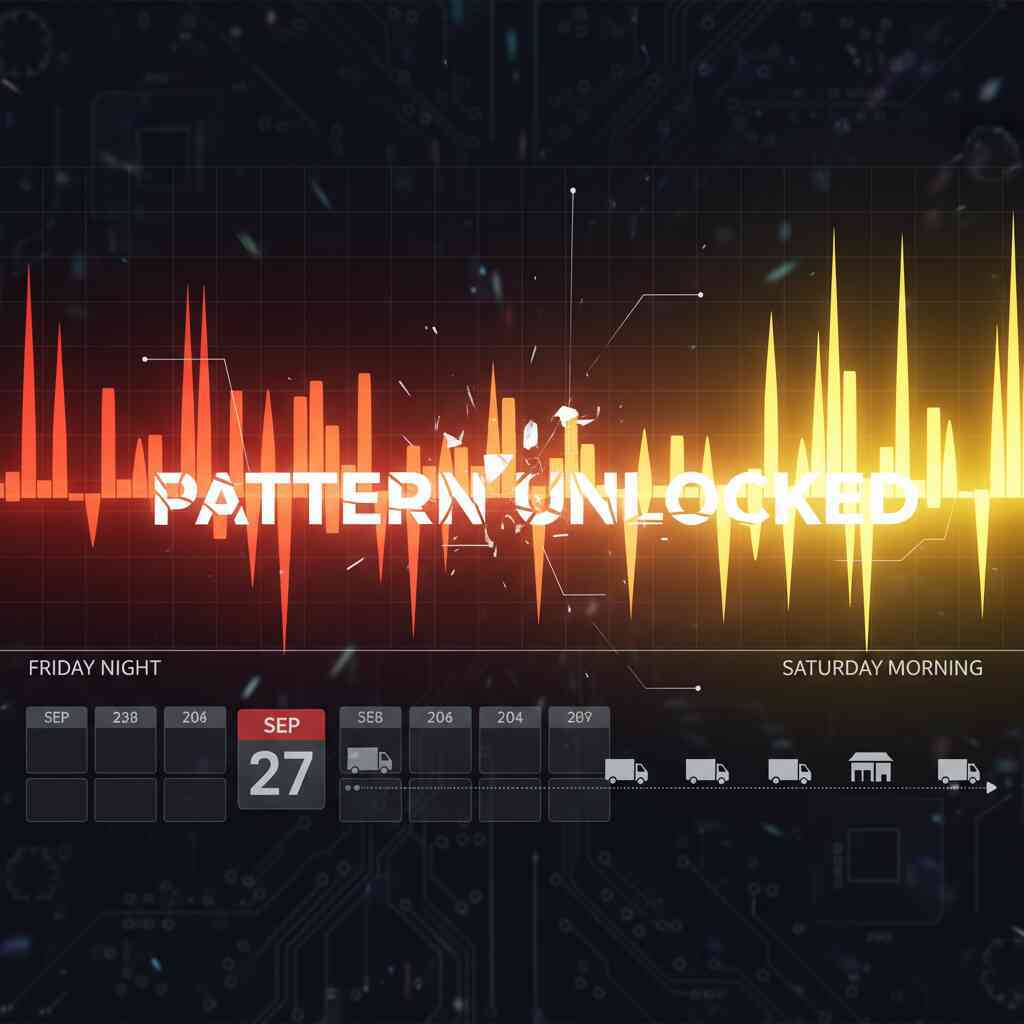 “PATTERN UNLOCKED” over a Friday-night to Saturday-morning spike timeline—fiery waveform, 9/27 calendar highlight, tiny truck and store icons—weekend drop rhythm revealed, thrilling discovery