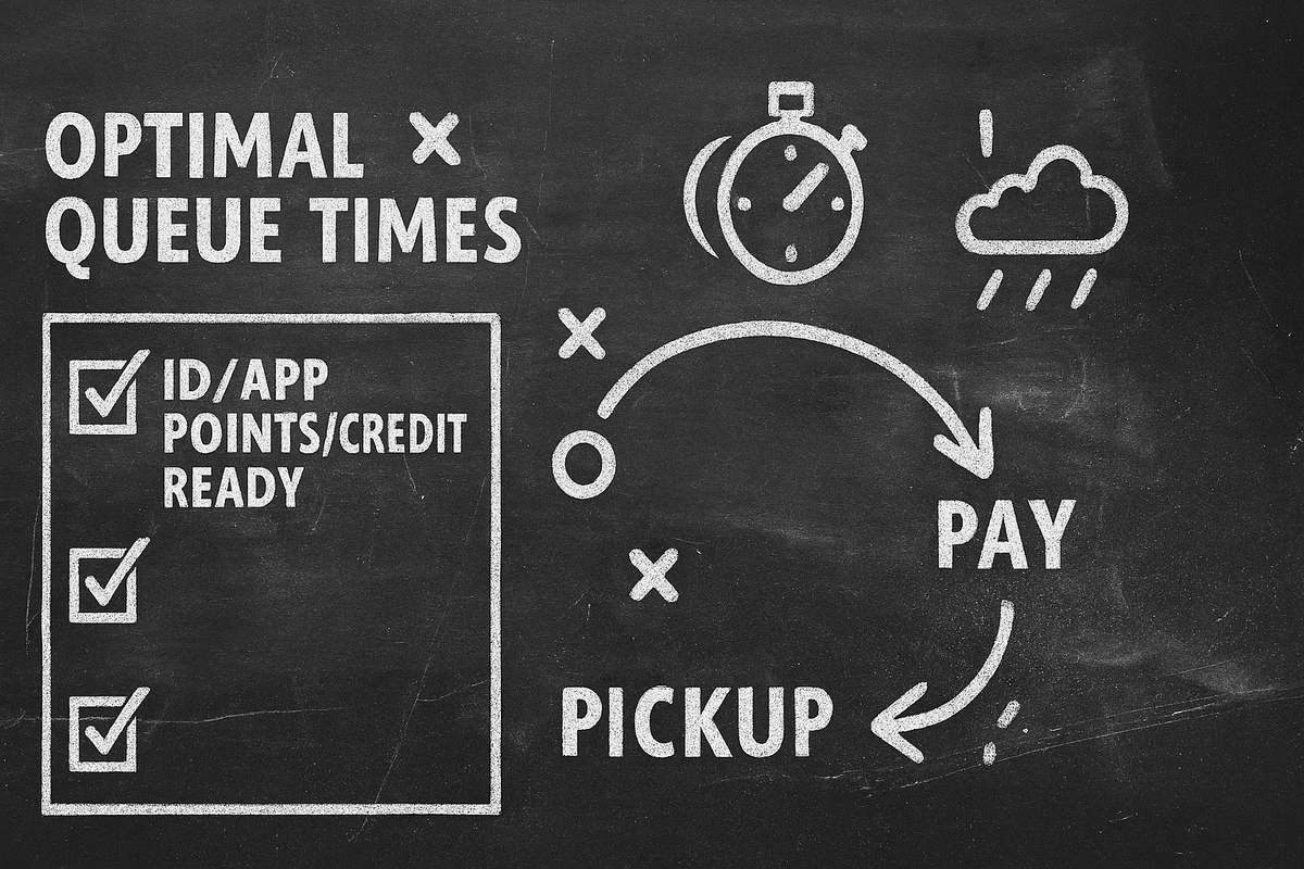Chalkboard playbook—checklist for ID/app/points/credit, stopwatch, rainy weather icon, arrows from PICKUP to PAY—field-tested queue tactics, calm control in chaos, winning strategy energy