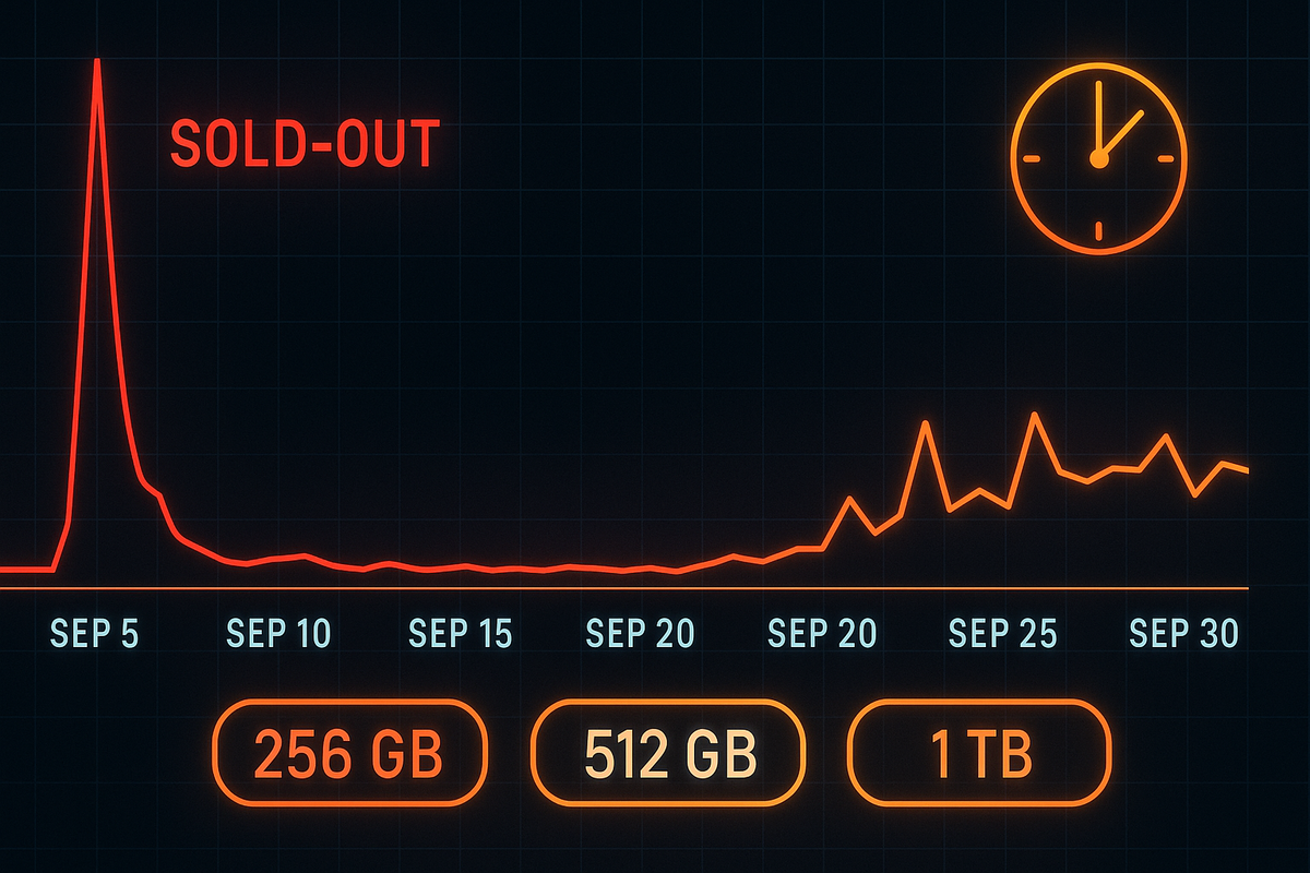 September timeline chart—launch-day SOLD-OUT spike, late-month restock pulses—storage badges 256GB / 512GB / 1TB—data-driven comeback story, tense countdown mood