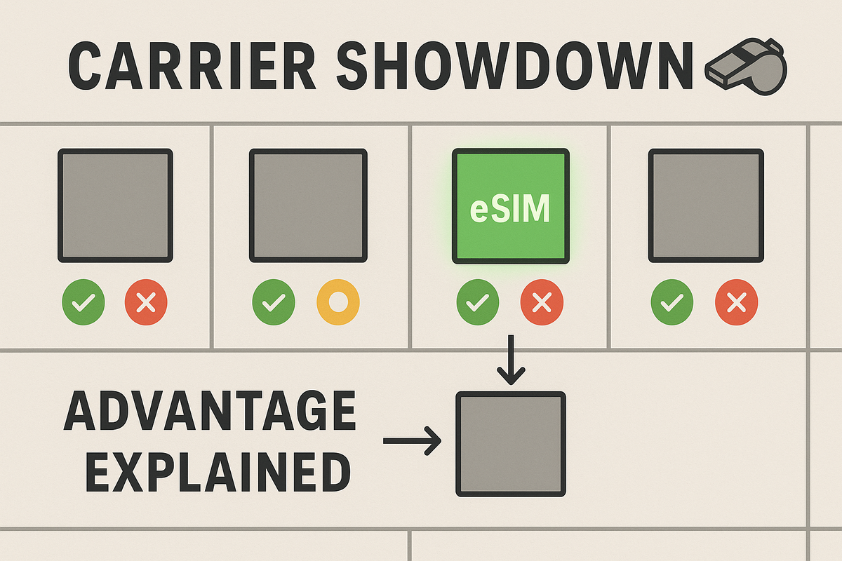 Neutral carrier showdown grid—anonymous tiles with green/yellow/red stock dots—eSIM tile glowing to explain allocation advantage—fair, transparent, confidence-building comparison