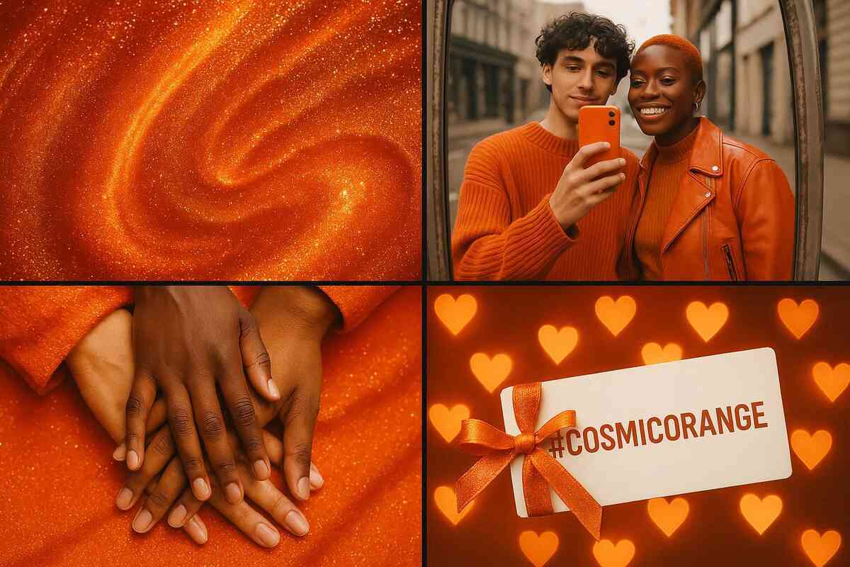 Cosmic-orange lifestyle collage—sparkling texture, mirror selfie of happy pair, warm hands on orange fabric, #COSMICORANGE ribbon card—limited-edition thrill and share-worthy charm
