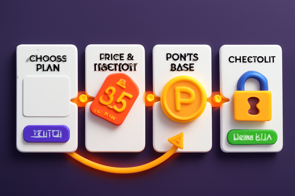 Step-by-step purchase flow—Choose Plan → Price & Discount → Points Back → Secure Checkout—bright icons and a guiding arrow—clear, optimistic path to a safe order