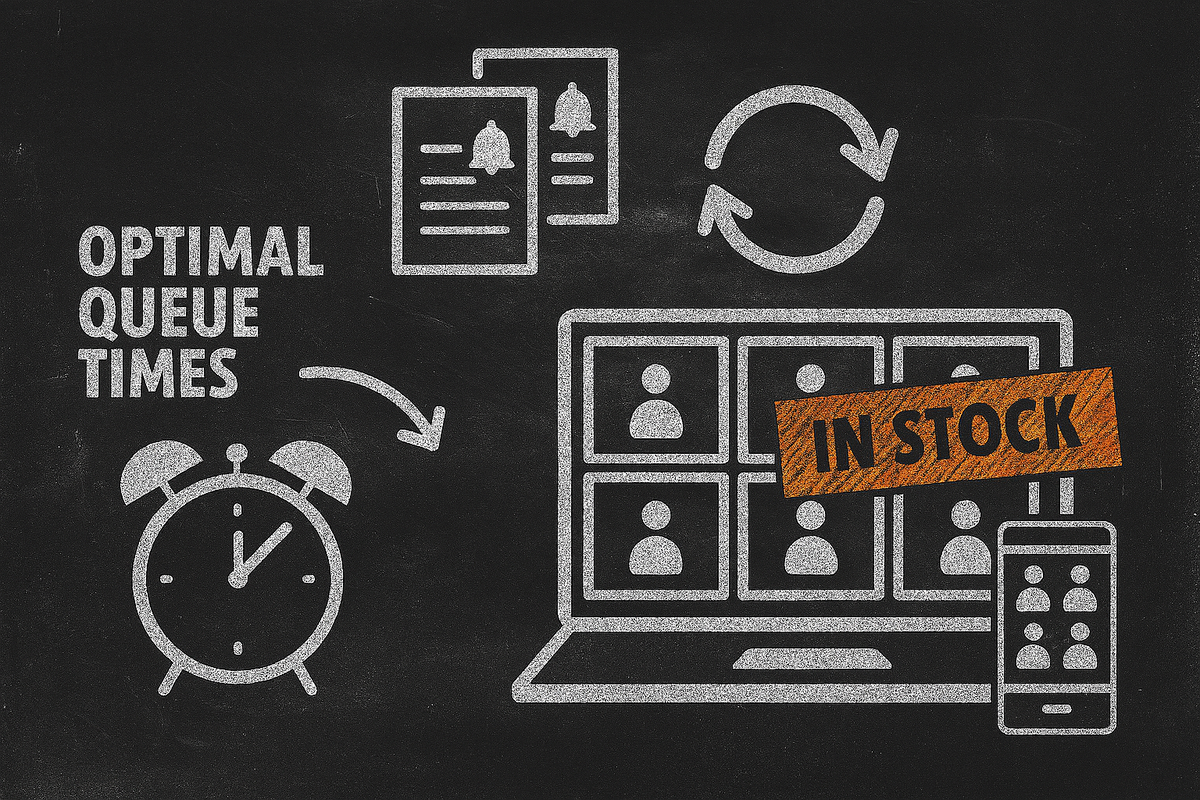 Chalkboard restock toolkit—optimal queue times, notification cards, auto-refresh loop, laptop + phone with big “IN STOCK” tag—calm control, smart alert strategy, winning momentum