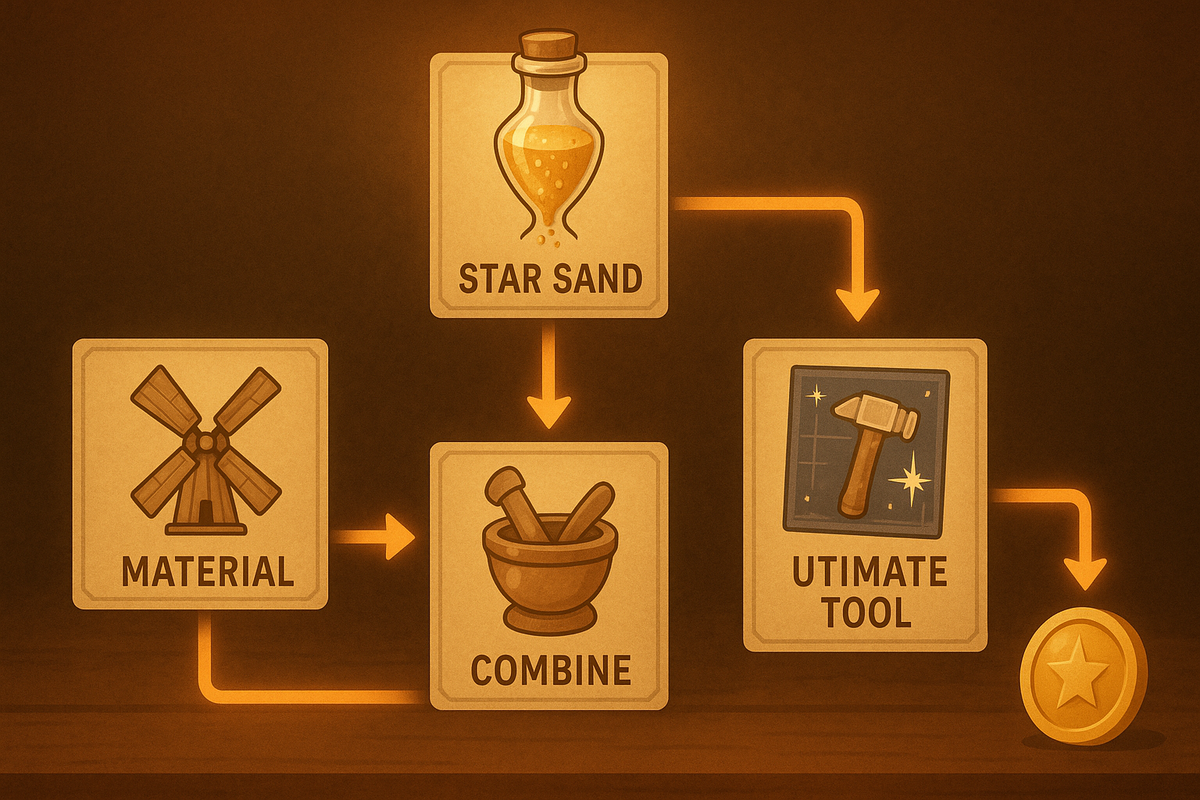 Golden flowchart of Star Sand → windmill material → combine → ultimate tool → coin—complete, no-nonsense roadmap of every use case from crafting to profit, satisfying progression energy