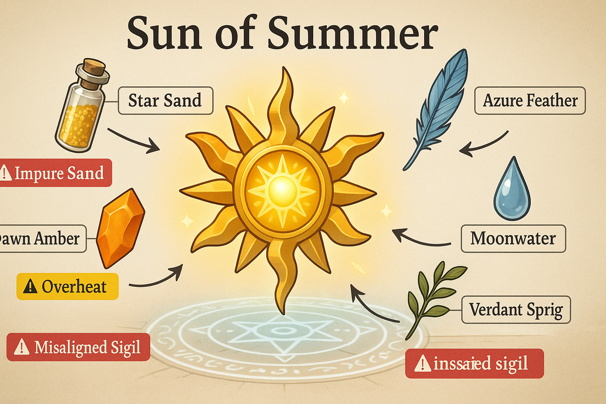 Mythic “Sun of Summer” recipe board—Star Sand plus rare feathers, moonwater, verdant sprig—with red warning labels for failures—high-stakes, awe-struck guide to the most important craft
