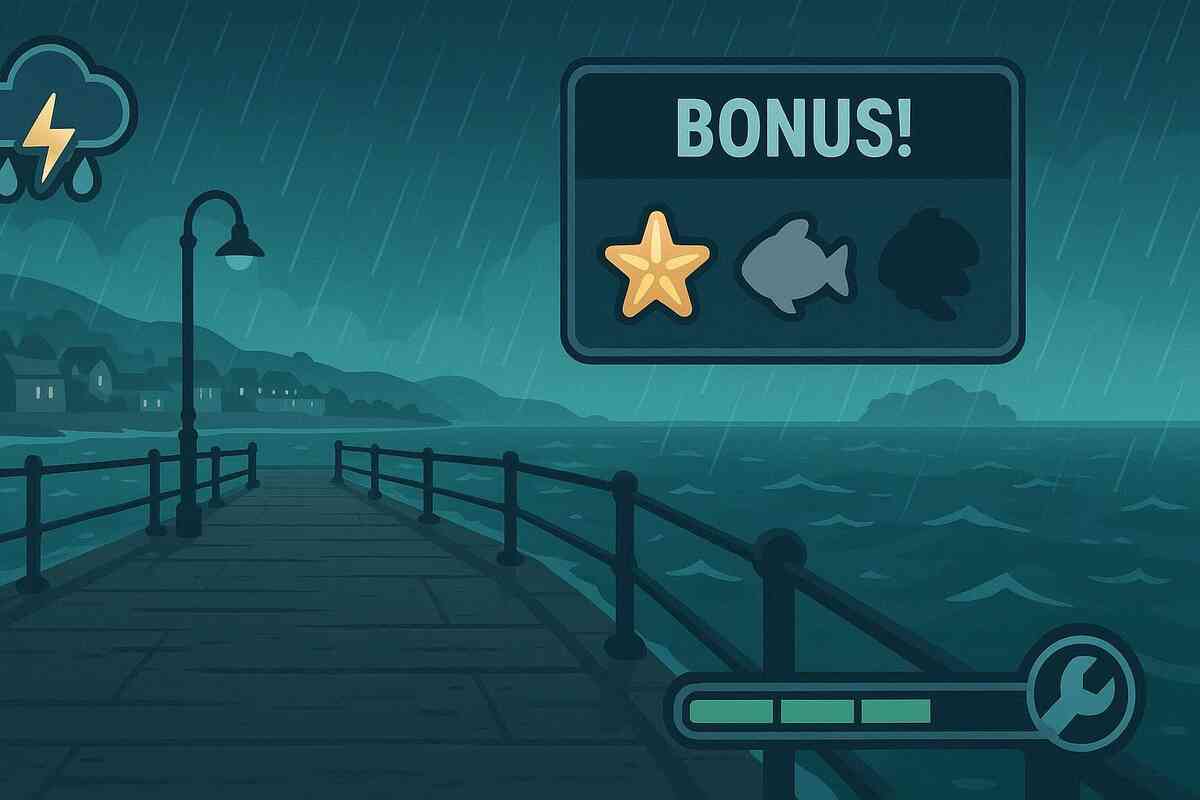 Stormy west pier at night with BONUS panel showing a star icon, rain and lightning badges, and a wrench durability bar—moody, efficient farm route for grinding Star Sand in bad weather