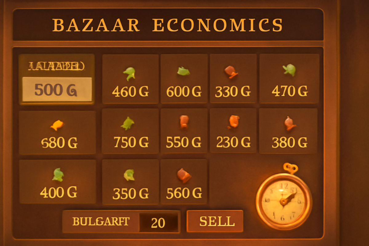 Bazaar economics dashboard—base price 500G highlighted, tiles flipping through trend prices and a ticking clock—strategic, thrilling timing guide to maximize Star Sand sale profits