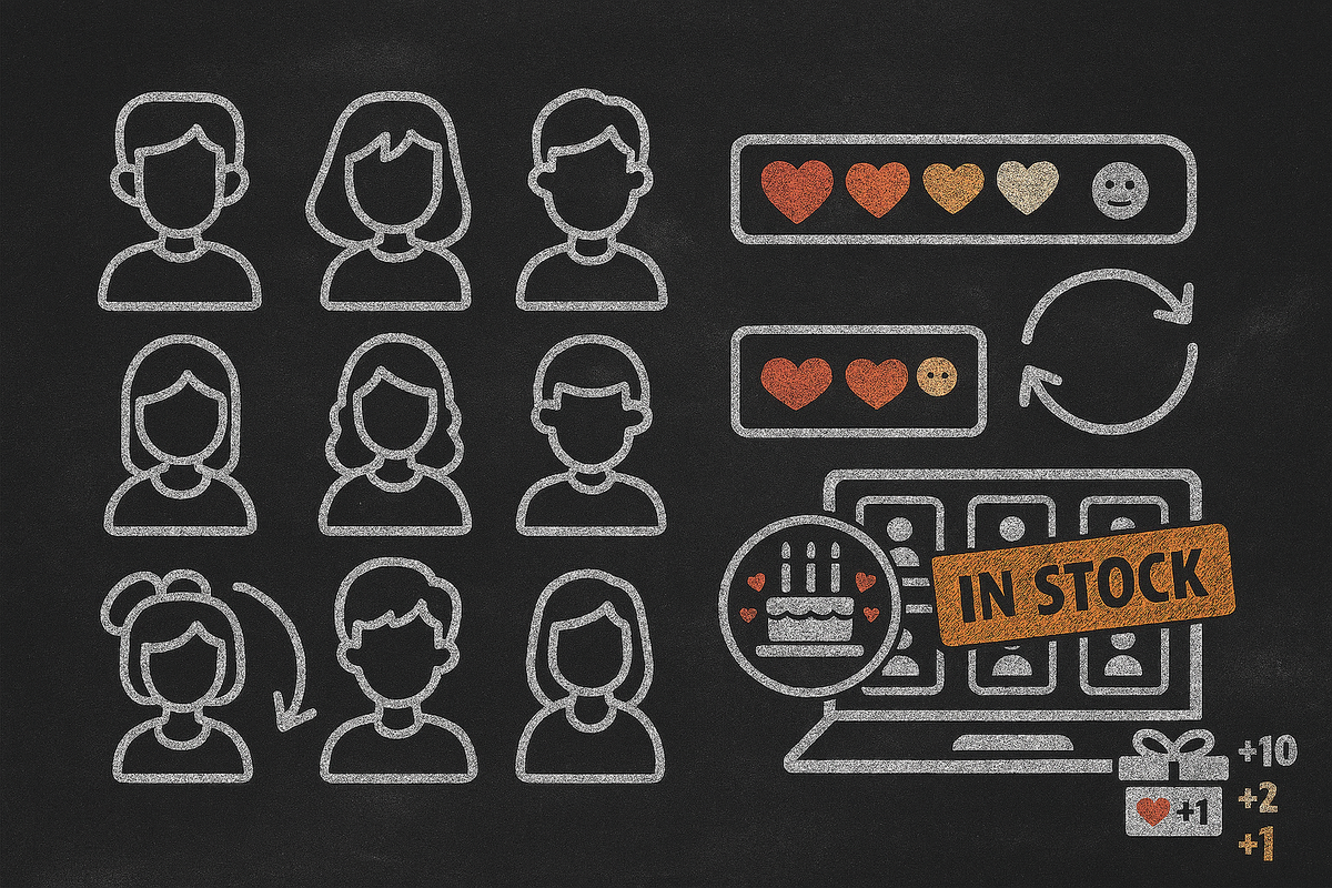 Chalkboard grid of villagers with heart meters, birthday badge, and “IN STOCK” gift icons—wholesome, data-driven cheat sheet for friendship gains using Star Sand as the perfect present