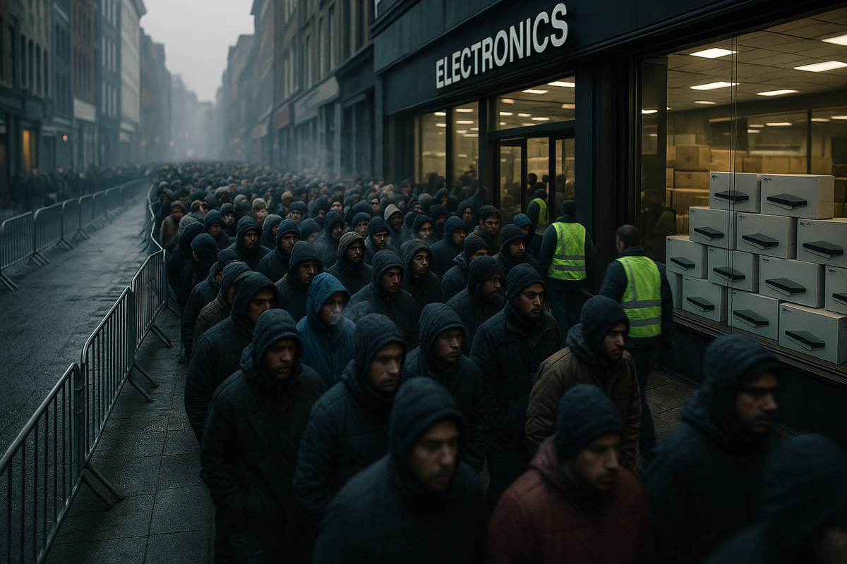 Predawn mega-queue curling past an electronics storefront—hooded shoppers, frosty breath, security rails, stacks of plain console boxes—gritty tension, determination, collective hope