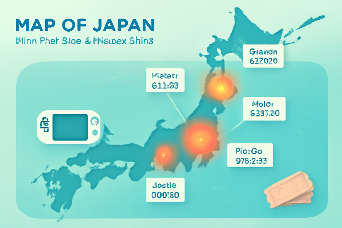 Clean Japan map heatmap—glowing hotspots for console availability with subtle ticket icons and minimal UI—bright, data-driven clarity, nationwide excitement and anticipation