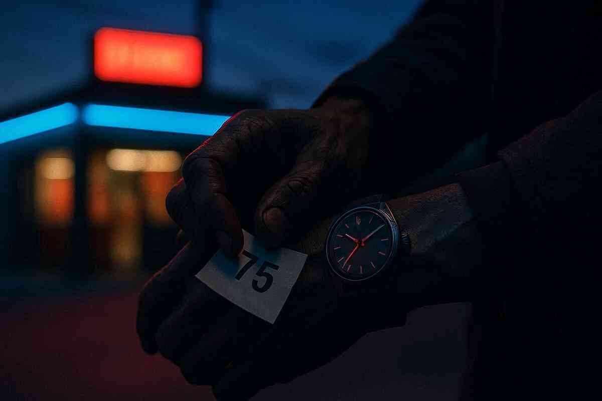 Close-up of hands gripping queue ticket No.75 beside a ticking wristwatch—neon-dusk bokeh, high-stakes timing—nervous energy, focus, steely resolve