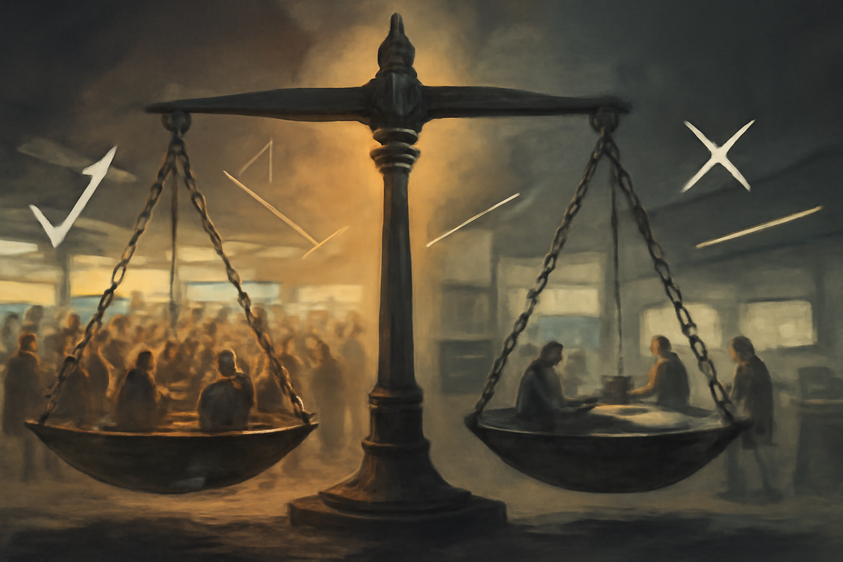 Symbolic retail showdown—giant balance scales over two stores, bustling crowd vs quiet counter, checkmark and X—dramatic comparison, analytical calm, choose-with-confidence clarity