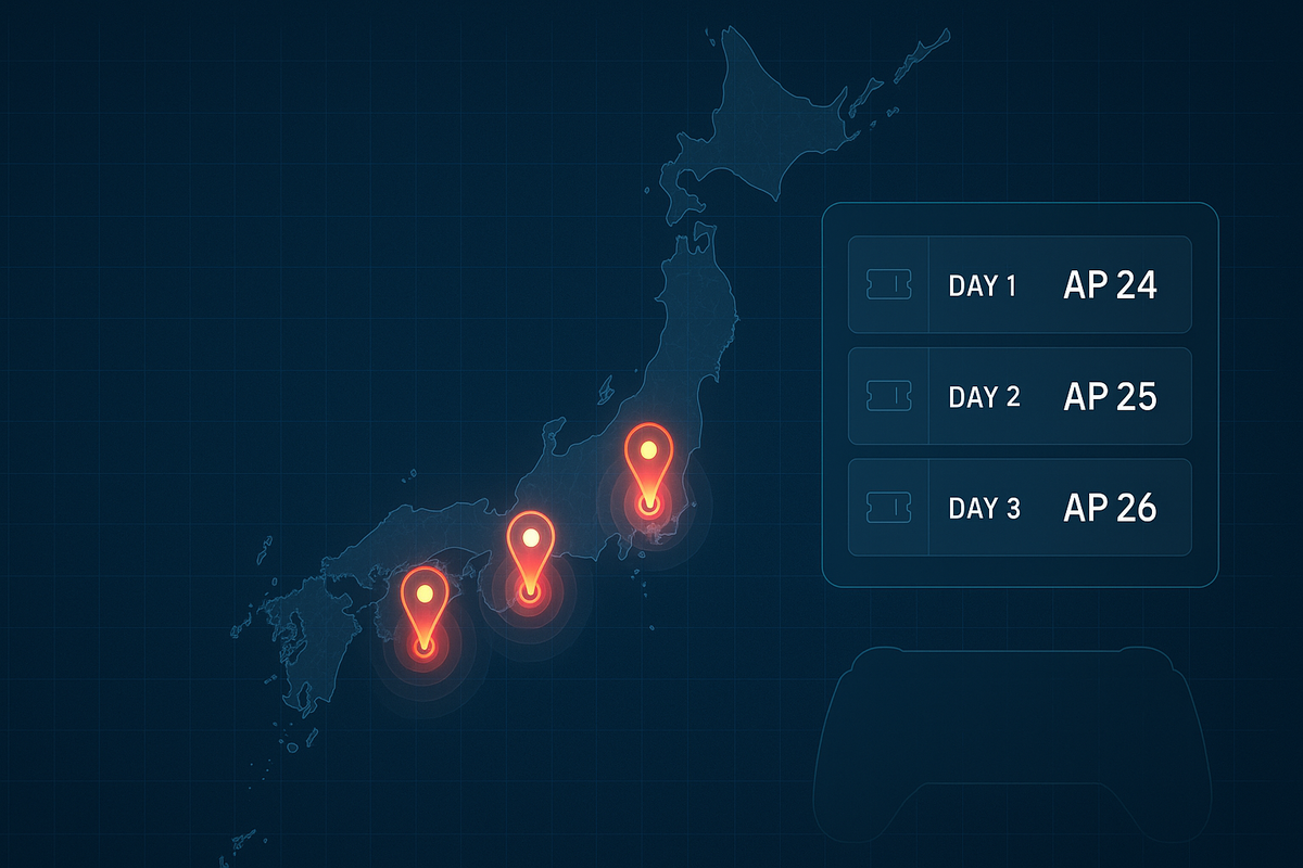 Dark-mode Japan map with blazing location pins across Kanto, Tokai, Kyushu—three-day schedule cards at right—clean UI, live-event energy, data-driven excitement