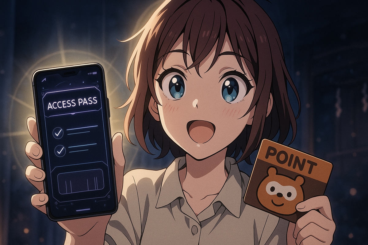 Smiling shopper holding a smartphone “ACCESS PASS” and a generic points card—soft halo light, checkmarks of eligibility—warm optimism, invitation, dream-come-true vibes