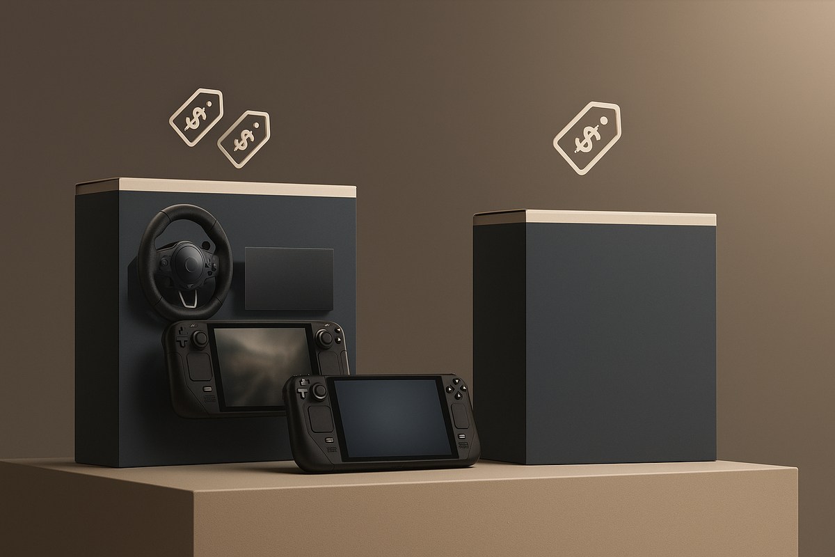 Minimal studio lineup—unbranded handheld console base box vs “racing bundle” with accessories—price tag icons floating above—calm comparison, smart value, poised decision energy