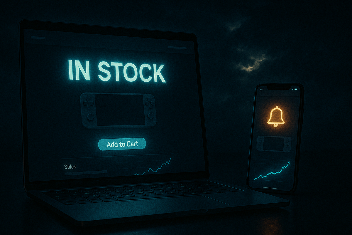 Laptop showing glowing “IN STOCK” and Add to Cart beside a phone alert—real-time restock ping, midnight adrenaline, hopeful surge to buy now