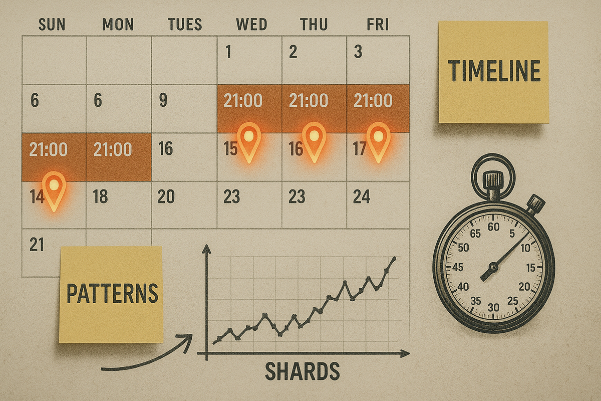Calendar with Fridays marked 21:00, neon pins and stopwatch—pattern-hunting timeline of stealth drops, micro-batch shards rising, data-driven excitement
