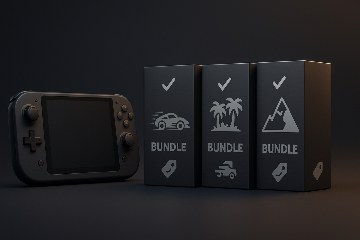 Unbranded handheld console with three clean bundle boxes (racing, island, mountain)—premium choice at a glance, calm clarity, decisive shopping joy