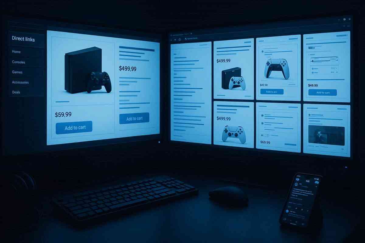 Dual-monitor command center with product pages, direct links, and a buzzing social feed on phone—F5 refresh warfare, multi-window vigilance, electric focus