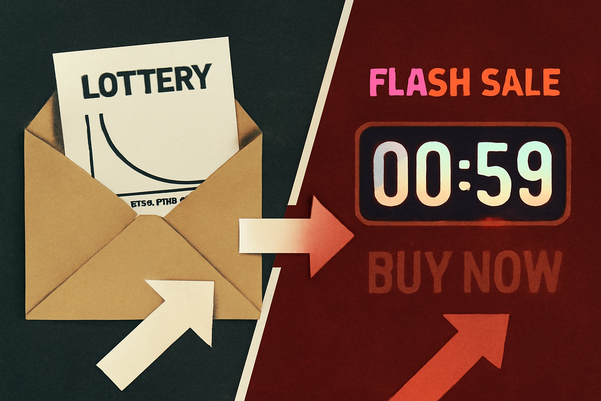 Split scene: lottery envelope with odds graph vs flashing 00:59 countdown “BUY NOW”—tense showdown between chance and speed, clutch decision energy