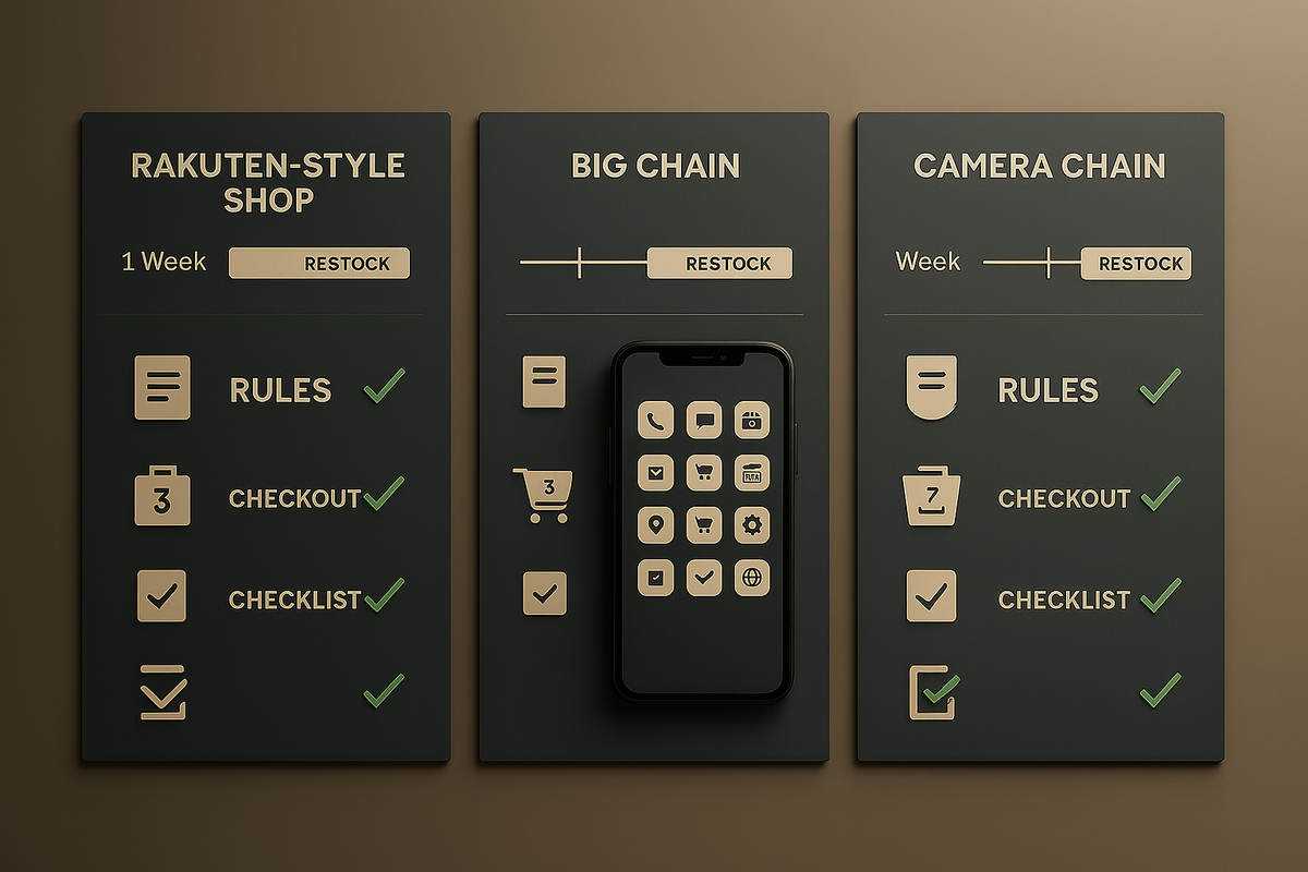 Three comparison panels—online shop, big chain, camera chain—restock bars, rules, checkout checklist with green ticks—strategic overview, confident path to a win