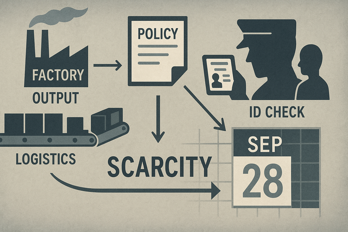 Clean explainer diagram—factory output, logistics conveyor, policy sheet, strict ID check—arrows funnel into “SEP 28” tile—why scarcity flipped today—investigative clarity, sober optimism