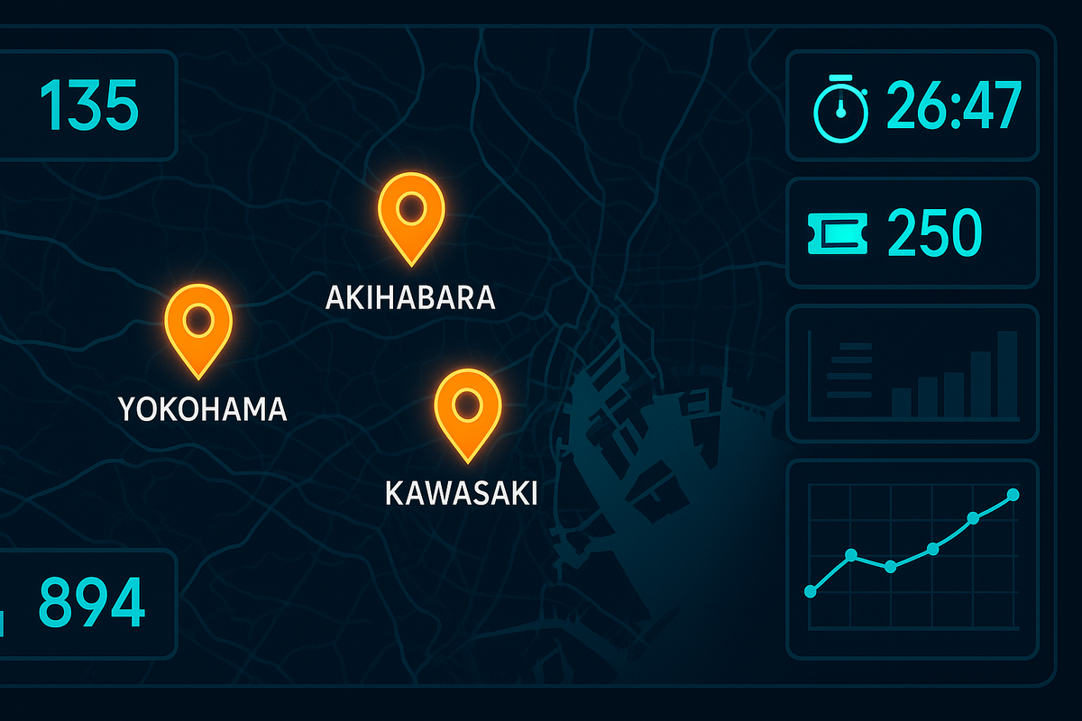 Neon city map dashboard—AKIHABARA, YOKOHAMA, KAWASAKI pins burning bright—ticket count, countdown timer, trend charts—real-time urban heat, tactical excitement, go-now energy