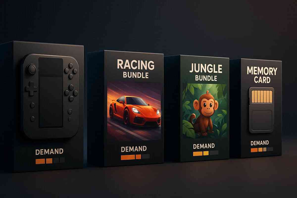 Studio lineup of options—unbranded console box plus “Racing,” “Jungle,” and “Memory Card” bundles—subtle demand meters—premium choice at a glance, decisive shopping joy