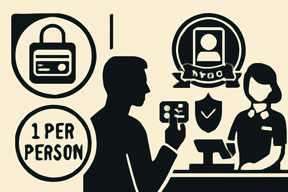 Security-first checkout icons—credit card rule, app membership, 1-per-person badge, ID verification at counter—fair-play shield, anti-scalper confidence, calm trust