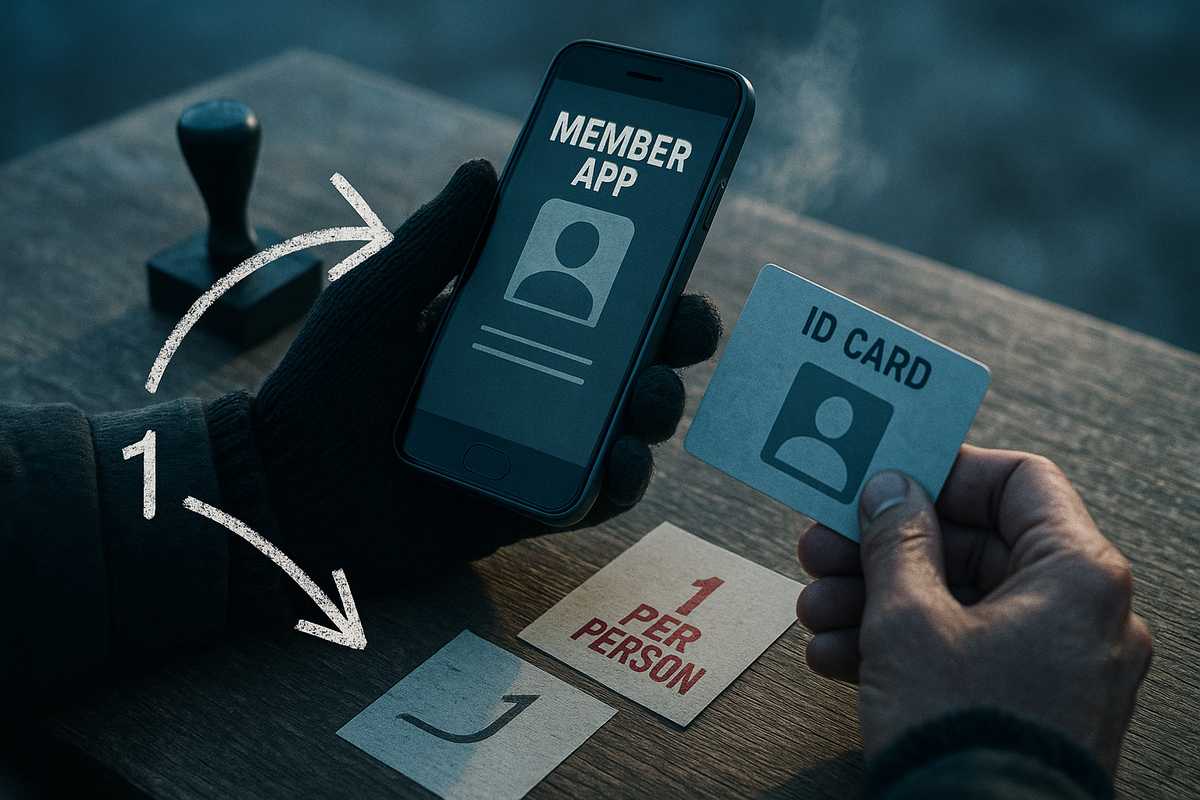 Gloved hands at a ticket table—member app on phone, ID card, “1 PER PERSON” slip—chalk arrows showing steps—cold breath, tense focus, fair-play ritual before dawn