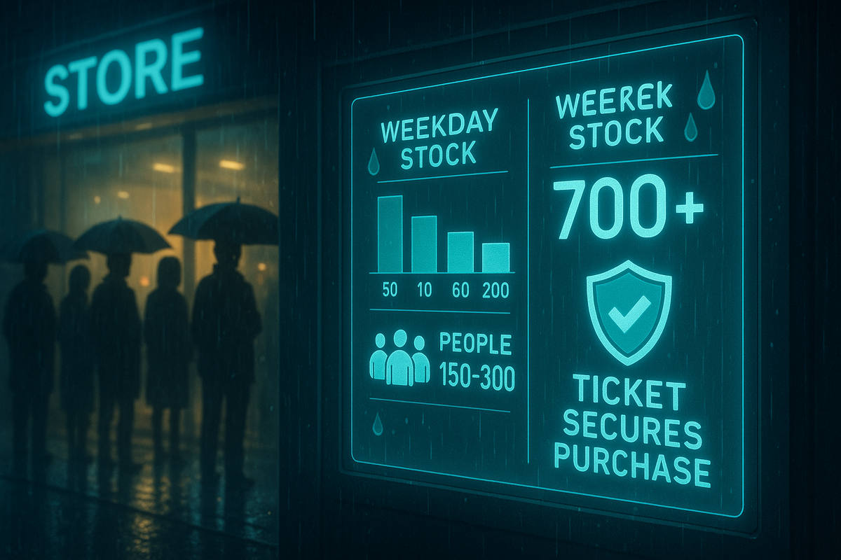 Blue glow dashboard in the rain—weekday vs weekend stock bars (50–200 / 700+), crowd estimate 150–300, shield icon “ticket secures purchase”—data-soaked calm amid queue anxiety