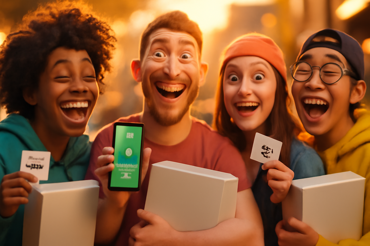 Golden-hour joy—four friends cheering with plain console boxes, queue tickets, and app screen—pure victory glow, authentic social proof, contagious happiness