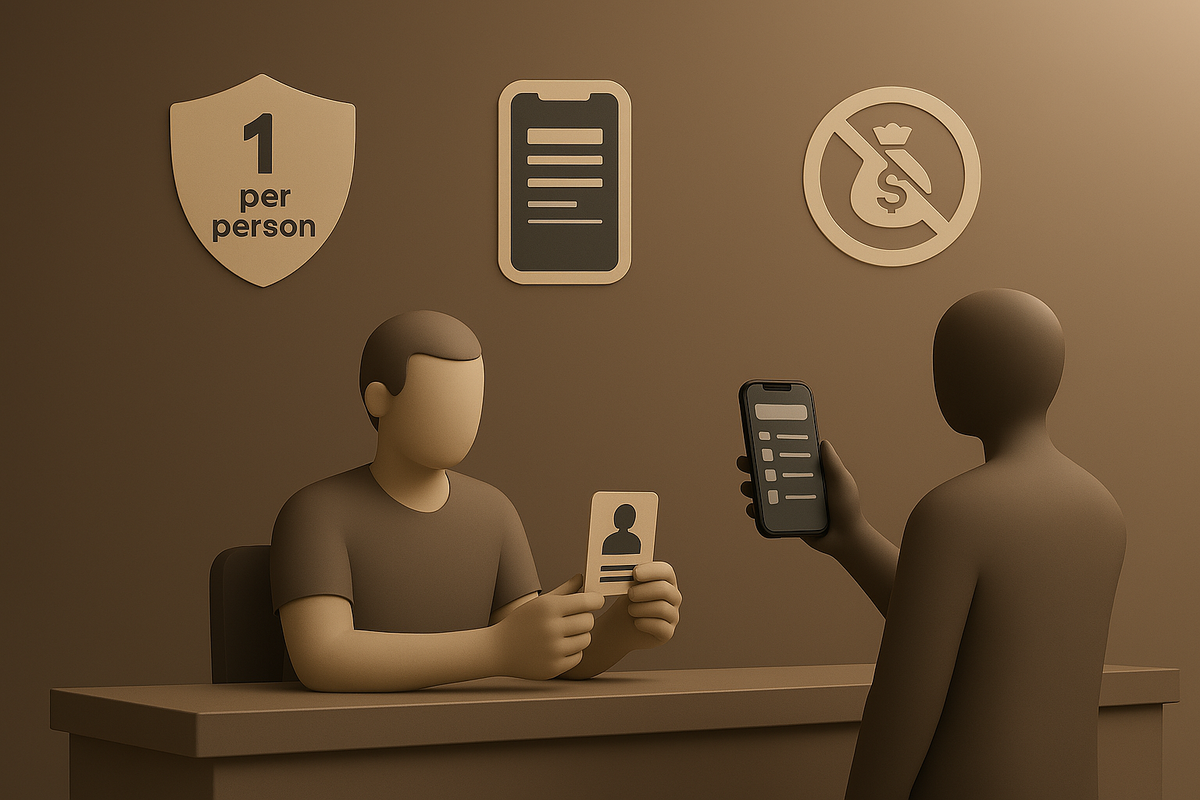 Counter verification scene—staff checks ID while buyer shows app—shield “1 per person,” policy card, anti-resale icon—reassuring fairness, anti-scalper confidence, smooth workflow