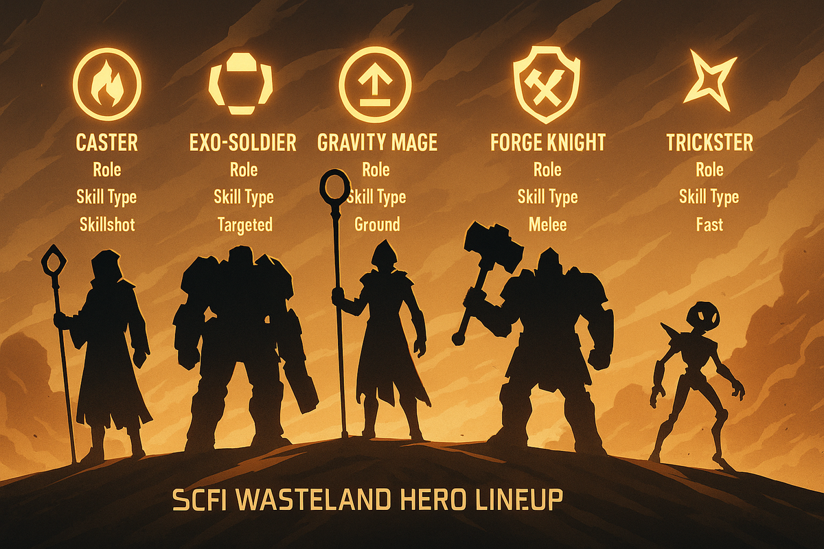 Five silhouetted sci-fi heroes on a wasteland ridge—caster, exo-soldier, gravity mage, forge knight, trickster—class icons glowing, role and skill-type labels, epic team lineup energy for new-character overview