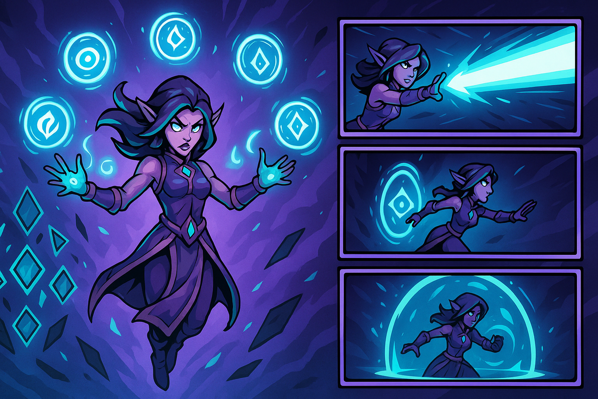 Arcane elf sorceress hovering with neon sigils—three comic panels show beam attack, blink shield, and surge dome—vivid skill showcase, electrifying Vex abilities and build imagination