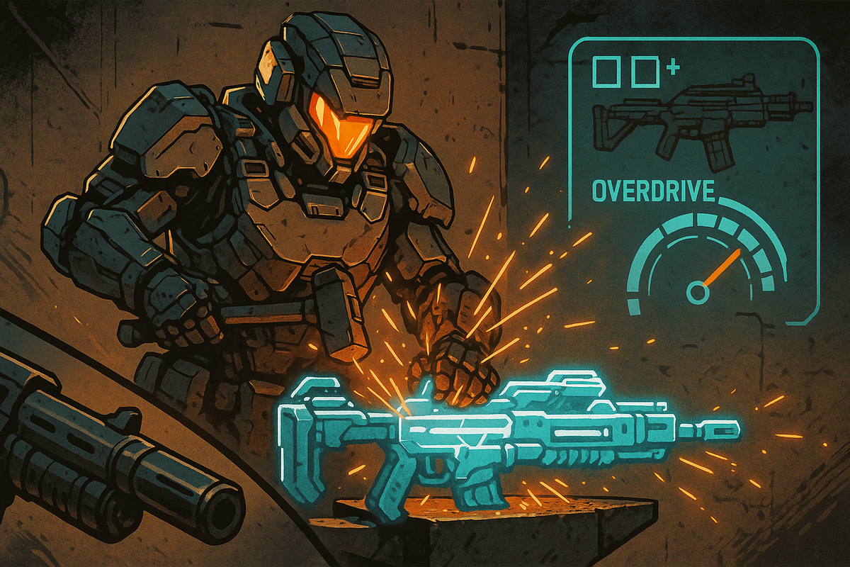 Armored exo-soldier hammering a holographic rifle—sparks fly, OVERDRIVE meter redlining—weapon crafting, generated guns, and power-spike fantasy for Rafa tactics