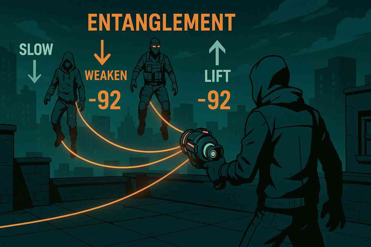 Rooftop duel with gravity caster linking enemies—ENTANGLEMENT lines apply slow, weaken, and lift, synchronized damage ticks—mechanics diagram that screams control, synergy, meta shift