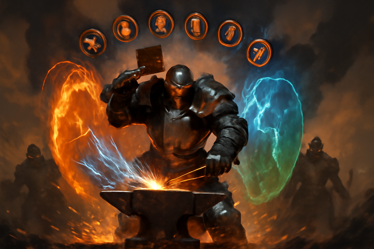 Titanic forge knight at an anvil—elemental rings (fire, frost, shock) swirling as he shapes weapons—unyielding tank aura, protection and build variety visualized in thunderous drama