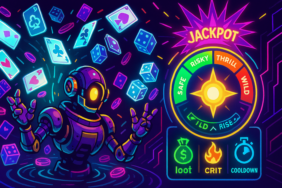 Cheeky gamble-bot under a storm of cards and dice—neon jackpot wheel from SAFE to WILD with loot/crit/cooldown icons—high-risk high-reward magic, RNG thrill for C4SH kit explainer