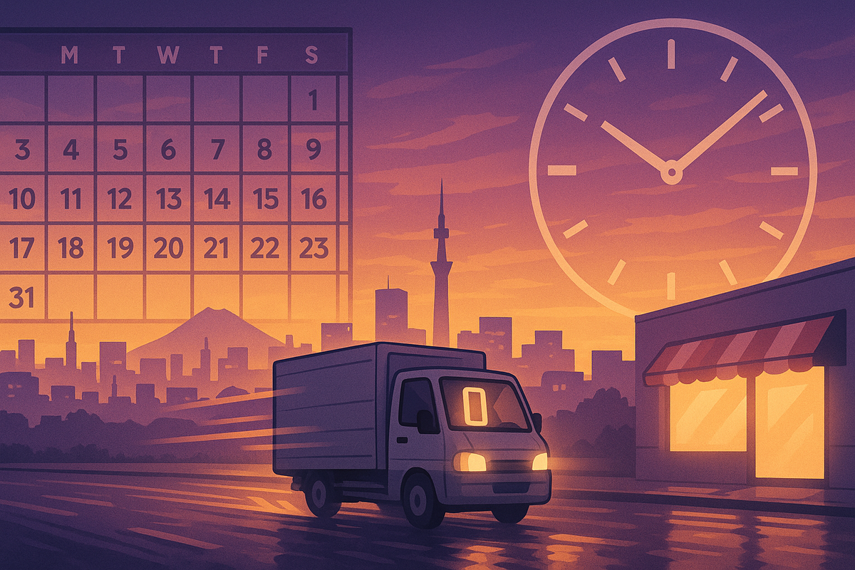 Dawn delivery rhythm—calendar and giant clock over Tokyo skyline as a small truck speeds to a store—weekly restock pattern, countdown energy, hopeful sunrise mood