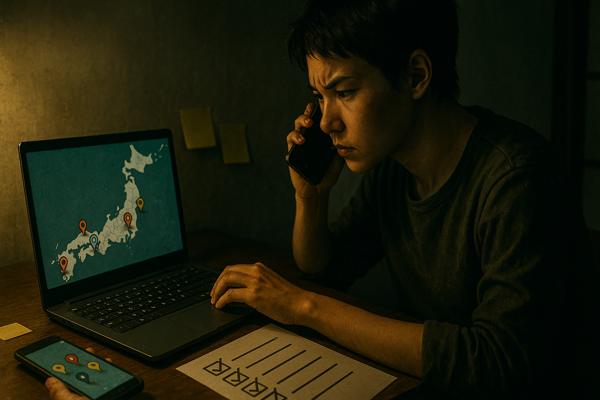 Strategy war room at home—focused caller cross-checking pins on a Japan map across laptop and phone, checklist ready—gritty determination, zero-in precision, action now
