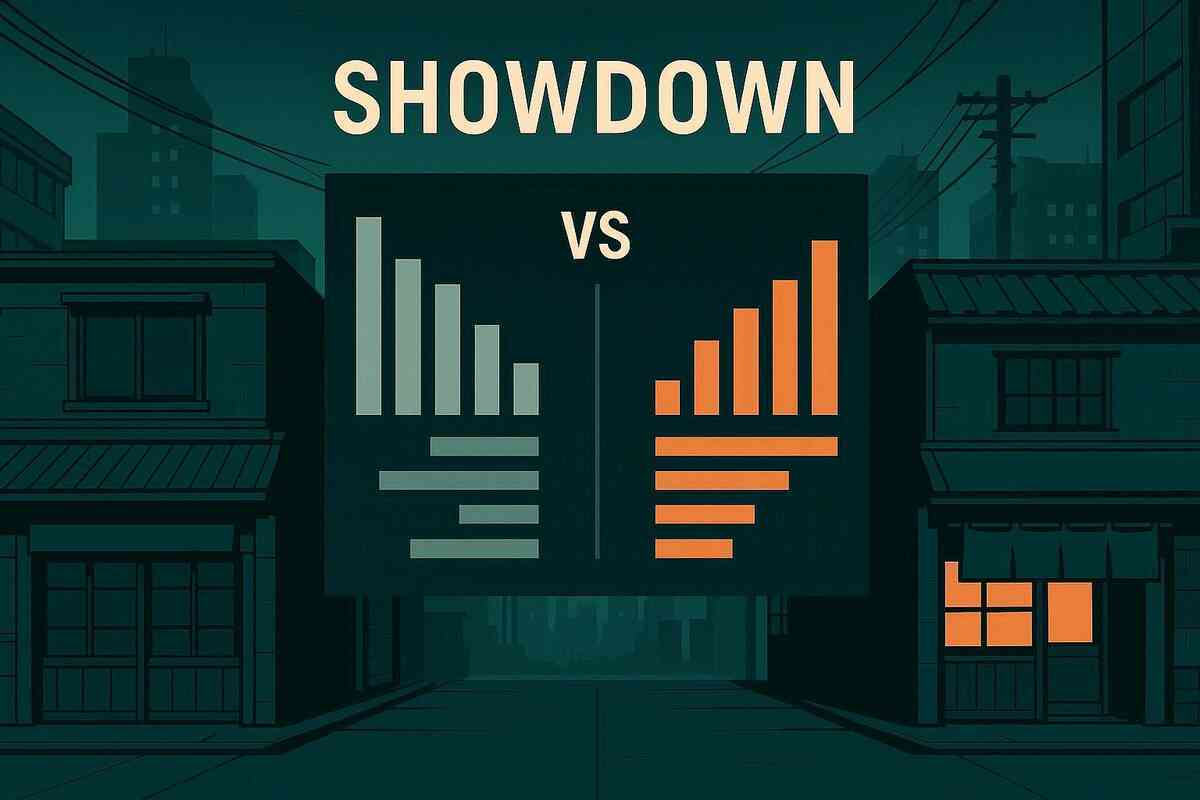 Retail showdown without brands—two facades frame a floating VS chart of bars and lines—decisive comparison, clear winner vibes, data-driven confidence
